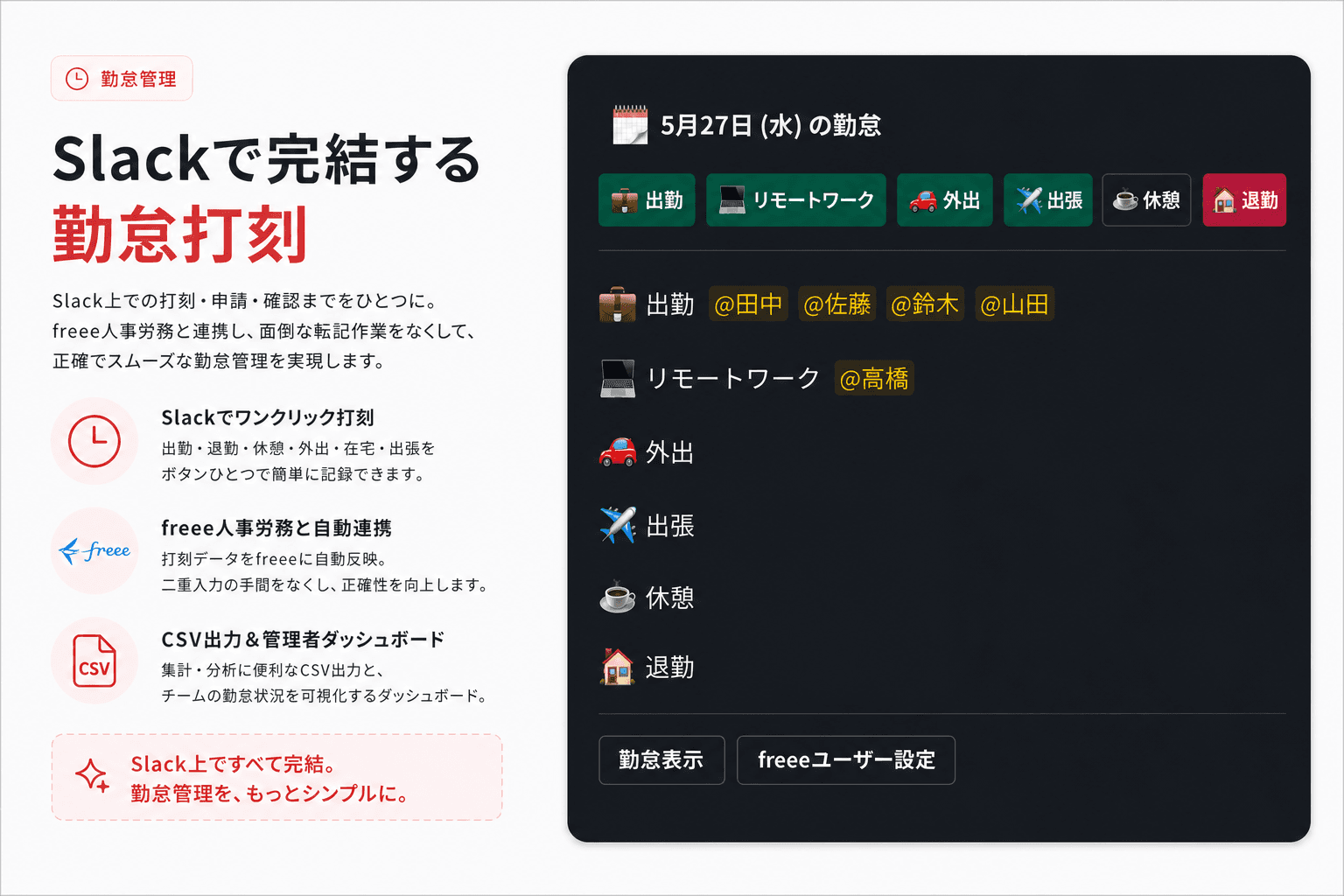 Slack上でfreee連携付き勤怠打刻を行っている画面イメージ